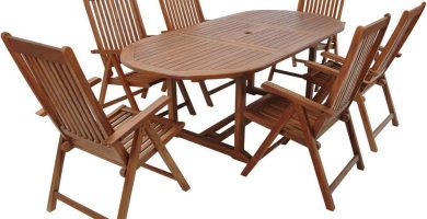 Conjunto de jardín de madera set de 1 mesa con extensión y espacio para sombrilla y 6 sillas plegables exterior