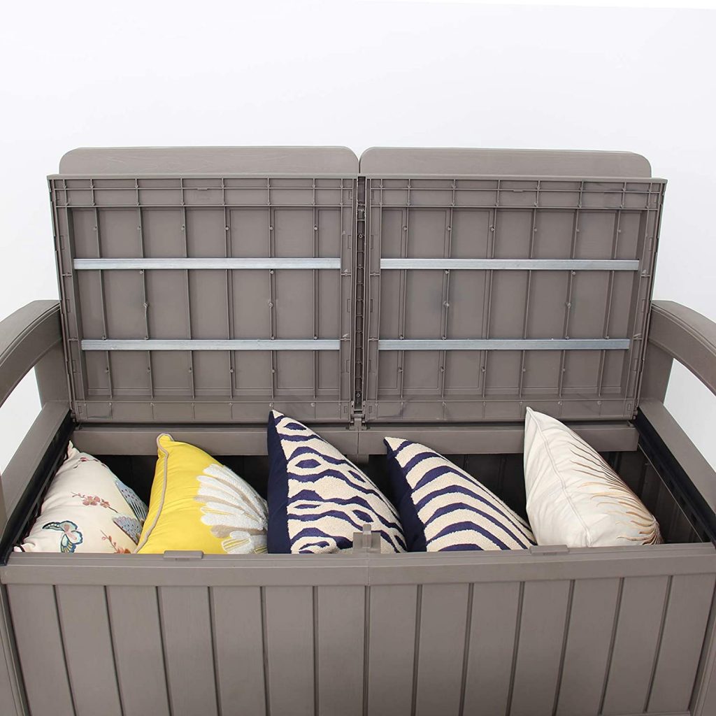 Bancos para jardín y terraza De resina con almacenaje, madera y hierro